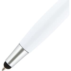A white stylus pen with a silver tip and a black rubber end, featuring a branding logo.