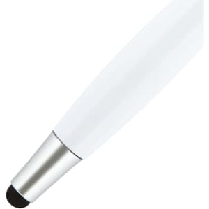 A white stylus pen with a silver tip, featuring a rounded end for touchscreen use. It has a simple logo detail.