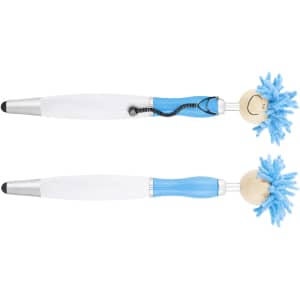 A Medical Mop Top Pen in blue and white, featuring a smiling character head with fluffy blue hair and a stylus tip.