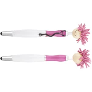 A pink and white pen with a stylus tip and a character head featuring fluffy pink hair. It has a logo on the side.