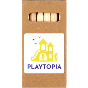 A brown box containing wooden sticks, featuring a logo in yellow and blue.