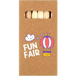 A brown kraft bag with a cut-out window showing colored pencils inside. It features a playful design with clouds and balloons.