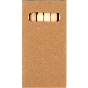 A pencil set packaged in a simple brown kraft box, revealing the tops of colored pencils inside.