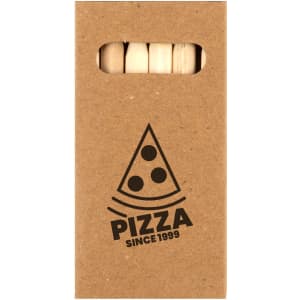 A brown kraft paper package featuring a pizza graphic and the text "PIZZA SINCE 1999," containing wooden sticks.