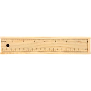 A wooden ruler featuring both inch and centimeter measurements, with clear markings along its length.