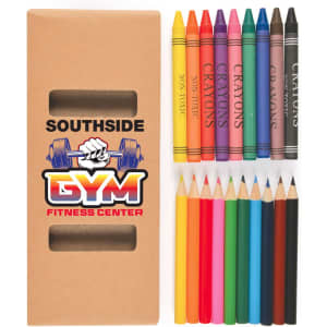 A crayon and colored pencil set in a box, featuring vibrant colors like red, orange, yellow, green, and purple.