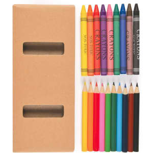 A pencil and crayon set featuring vibrant colors, including red, yellow, blue, and purple, in a cardboard box.