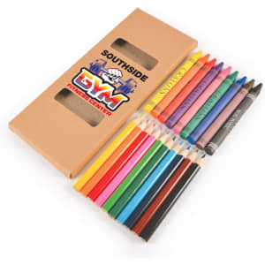 A set of coloured pencils and crayons in a cardboard box, featuring various colors like yellow, blue, red, and green.