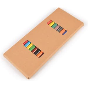 A set of coloured pencils and crayons in a brown cardboard box with display windows showing the vibrant colors.