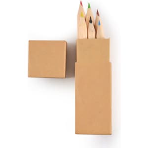 A pencil set with colored tips in a beige box, featuring four sharpened colored pencils.