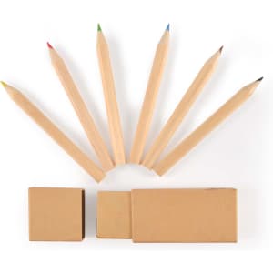 A set of six wooden coloured pencils in red, green, blue, yellow, and brown, alongside two rectangular boxes.