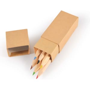 A cardboard box containing a set of coloured pencils in blue, green, yellow, red, and orange.