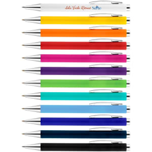 A collection of colourful plastic pens, including shades of yellow, orange, pink, purple, green, blue, and black, with metal accents.