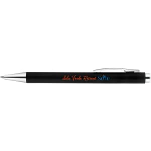 A black plastic pen with a silver clip and a logo printed on the side, featuring a retractable mechanism.