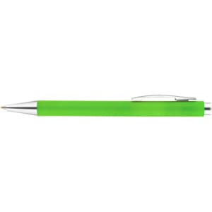 A green plastic pen with a silver clip and nib, featuring a sleek design and a logo.