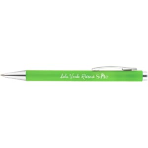 A bright green plastic pen with a silver clip and a branded logo on the barrel.