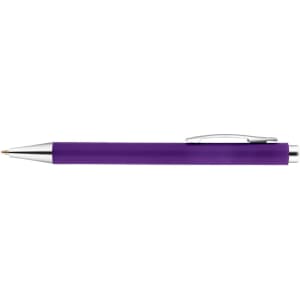 A purple plastic pen with silver accents and a clip. It features a simple, sleek design.