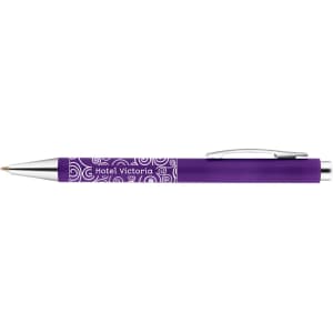 A purple plastic pen with a silver clip and branding on the barrel.