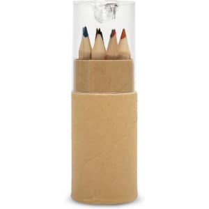 A cylindrical tube containing colored pencils, featuring red, blue, and natural wooden colors. It has a transparent cap.