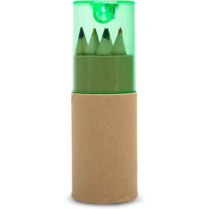 A tube containing a set of colored pencils, with a clear green top and a cardboard base.