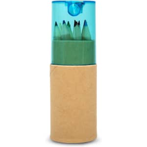 A tube containing colored pencils in green and blue, with a transparent lid and a brown paper base.