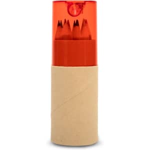 A tube containing colored pencils in various shades, topped with a transparent red cap.