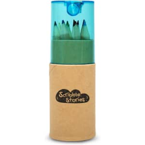A tube containing green-colored pencils with a blue lid and a brown kraft paper sleeve, including branding.