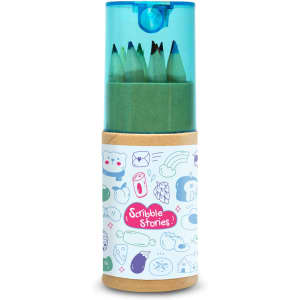 A tube containing green and other colored pencils, featuring playful illustrations on the packaging and a clear lid.