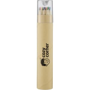 A tube containing multiple coloured pencils with a transparent lid and a logo on the side.