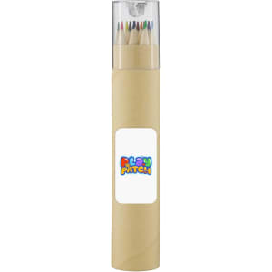 A tube containing long pencils in various colours, with a clear lid and a label displaying a logo.
