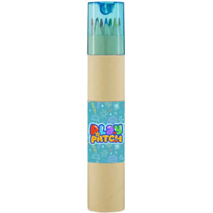 A tube containing long coloured pencils in various shades, capped with a clear blue lid and featuring a decorative label.