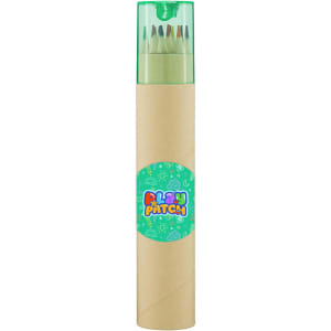 A tube containing long coloured pencils with a green lid and a cardboard base, featuring a logo.
