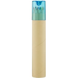 A tube containing long coloured pencils with a transparent blue cap. The tube is made of brown cardboard.