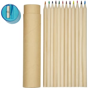 A tube containing long wooden pencils in various colours, alongside a sharpener.
