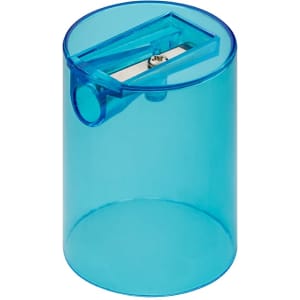 A transparent blue tube sharpener with a small blade, designed for sharpening pencils.