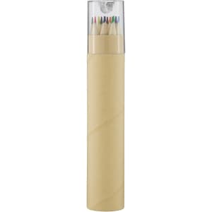 A tube containing long, coloured pencils with a transparent cap, featuring a swirled paper design.
