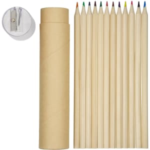 Coloured pencils in various shades, alongside a sharpener, packaged in a cylindrical tube.