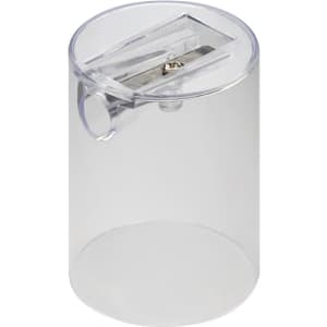 A clear tube contains long coloured pencils, featuring a sharpener at the top. The product has a logo.