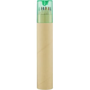 A cylindrical tube containing a set of long coloured pencils with a transparent green cap.