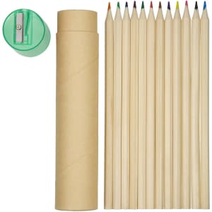A set of long coloured pencils in natural wood, neatly arranged alongside a green sharpener in a tube.