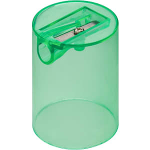 A green cylindrical sharpener with a transparent body and a metal blade inside. It features a logo on the surface.