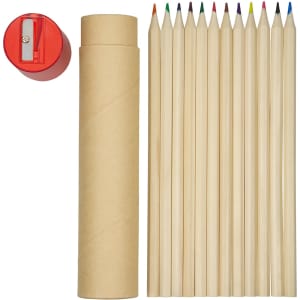 A set of long coloured pencils in a cardboard tube, featuring a red sharpener alongside the pencils.