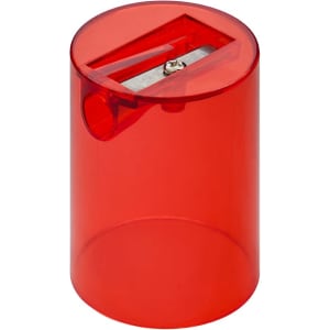 A bright red pencil sharpener in a cylindrical, translucent container, featuring a metal blade at the top.