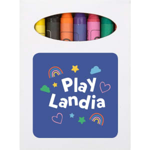 A cotton tote bag with a white background featuring a colorful crayon set and a logo in vibrant colors.