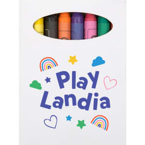 A tote bag featuring a colorful design labeled "Play Landia," accompanied by vibrant crayons in various colors.