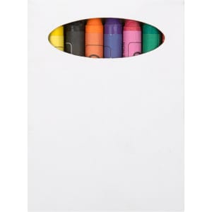A crayon set featuring multiple vibrant colors neatly arranged in a compact white packaging with an oval cutout.