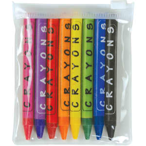 A PVC zipper pouch containing eight crayons in vibrant colors: pink, purple, orange, yellow, green, blue, red, and black.