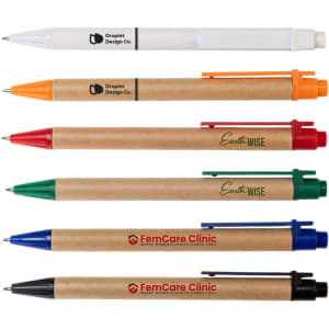 A collection of six pens in various colours including white, orange, red, green, blue, and brown, featuring logos.