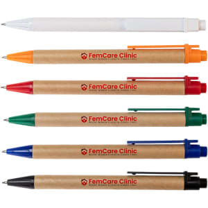 A selection of five pens in various colors: orange, green, blue, red, and black, alongside a white pen, all with branding.