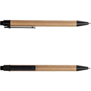 A cardboard pen with a natural brown body and black accents. It features a clip for easy attachment.